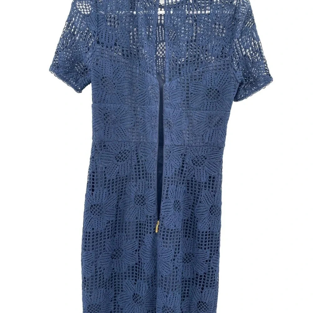 Trina Turk Women's Navy Blue Lace Sheath Dress Short Sleeve Back Zip Size 2 - Picture 10 of 13
